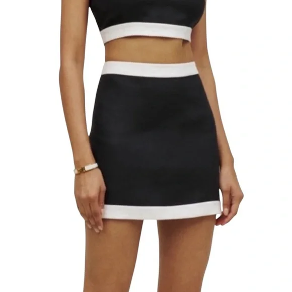 NEW REFORMATION Mini Skirt High Waist 100% Linen Black w White Trim Sz 4 Luxury - Picture 2 of 11